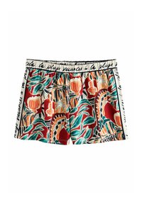 Bunte Herrenshorts mit tropischen Blatt-, Cocktail- und Flaschenmustern sowie einem weißen Bund mit schwarzem Kursive-Schriftzug.