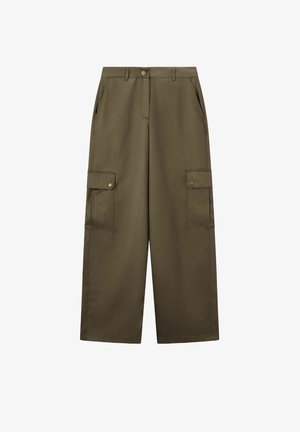 Olijfgroene cargo-broek met een ontspannen pasvorm, voorzien van twee zijzakken en twee grote cargozakken, gemaakt van duurzame stof.