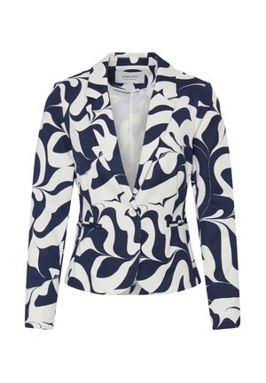 Navy and white patterned blazer with a notched lapel, two front pockets, and a fitted design. Made from smooth, lightweight fabric.