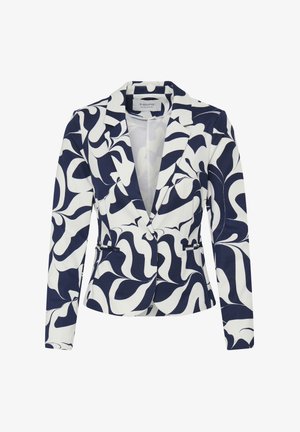 Sacou în nuanțe de bleumarin și alb, cu model, rever tăiat, două buzunare frontale și croială mulată. Fabricat dintr-un material neted și ușor.