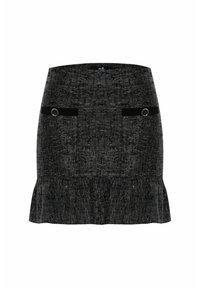 Zwarte tweed rok met een uitlopende zoom, twee voorkruim pockets met zwarte accenten en ronde goudkleurige hardware.