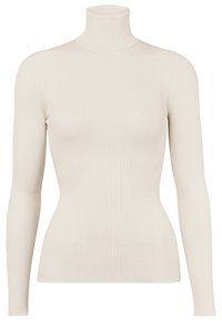 Cremefarvet ribbet turtleneck sweater med lange ærmer og en tætsiddende silhuet, der har en glat tekstur og et ensartet lodret mønster.