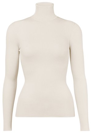 Cream ribbed turtleneck sweater with long sleeves and a fitted silhouette, featuring a smooth texture and consistent vertical pattern.
