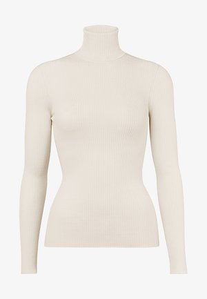 Cremefarvet ribbet turtleneck sweater med lange ærmer og en tætsiddende silhuet, der har en glat tekstur og et ensartet lodret mønster.