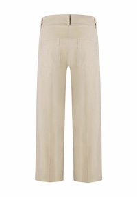Beige wide-leg trousers made from lightweight fabric, featuring two back pockets and a smooth texture. Minimalist design with tailored finish.