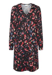 Schwarzes Kleid mit V-Ausschnitt und Kragen, das ein farbenfrohes abstraktes Muster in Rot, Blau und Gold aufweist. Lange Ärmel mit elastischen Bündchen.