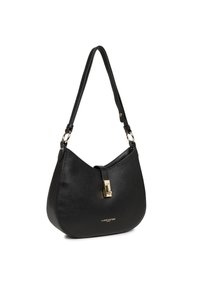 Sac bandoulière en cuir noir avec une forme incurvée, des détails en métal doré et une seule sangle ajustable. Dispose d'une fermeture à languette sur le devant.