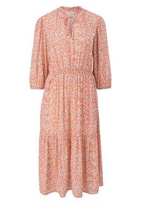 Sukienka midi w kwiatowy wzór z pomarańczowym i białym motywem, elastycznym paskiem w talii, rękawami o długości trzech ćwierć oraz dekoltem w kształcie łezki. Lekki materiał.