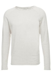 Jasnoszara koszula z długim rękawem o okrągłym dekolcie, wykonana z fakturowanej dzianiny. Posiada rękawy typu raglan oraz luźny krój.