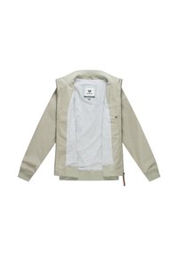 Beige kevyt takki, jossa resorireunukset hihoissa ja kauluksessa, avattu esittelemään vaaleanharmaa sisävuori ja ragwear-merkkilappu kauluksen sisällä.