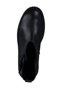 Stivaletto nero alla caviglia con finitura in pelle liscia, punte arrotondate e chiusura con zip laterale; presenta una suola in gomma testurizzata per una maggiore presa.