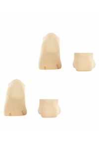 Beige Knöchelsocken aus einem glatten, dehnbaren Stoff. Runde Zehenform mit einem gerippten Bündchen. Aus mehreren Blickwinkeln dargestellt.
