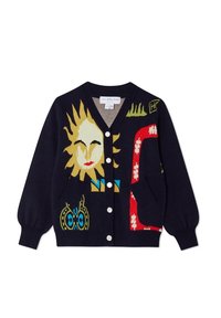 Marinblå cardigan med en soldesign, färgglada mönster och fickor. Tillverkad av mjukt material med runda knappar och ribbade mudd.