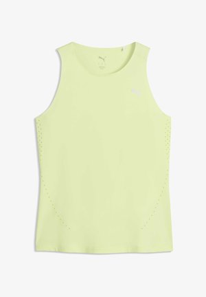 Lysegul ærmeløs tanktop med en glat tekstur, buede sømme og perforerede detaljer i siderne. Har et lille logo på forsiden.