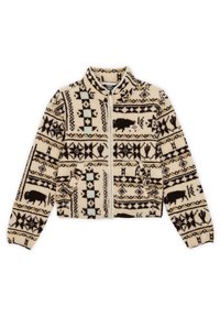 Polarowa kurtka zapinana na zamek w kolorze kremowym, z czarnym i jasnoniebieskim wzorem w stylu plemiennym, z grafiką bizonów, wysokim kołnierzem i dwiema przednimi kieszeniami.