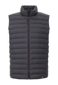 Gilet imbottito nero con colletto alto, zip frontale e texture trapuntata. Il design senza maniche presenta cuciture orizzontali e una piccola etichetta con logo.