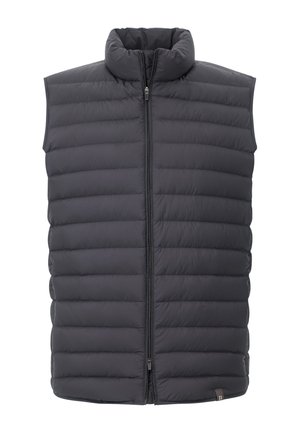 Čierna vypchávkovaná vesta s vysokým golierom, predným zipsom a prešívanou textúrou. Bezrukávový dizajn má horizontálne švy a malú logovú nášivku.