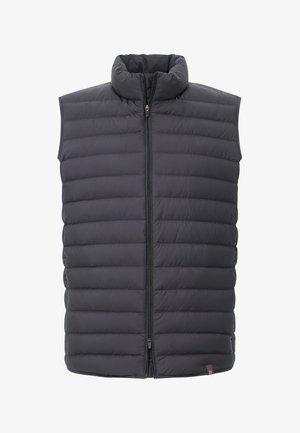 Padded black vest with a high collar, front zipper, and quilted texture. Sleeveless design features horizontal stitching and a small logo tag.
