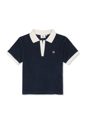 Granatowa koszulka polo z krótkim rękawem, białym kołnierzykiem i brzegami rękawów, małym logo z przodu oraz otwartym dekoltem w kształcie litery V.