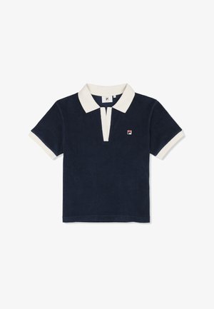 Marineblå kortærmet polo med hvid krave og ærmekanter, lille logo foran og åben V-hals.