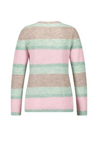 Gestreifter Pullover mit gerippter Textur, ausgestattet mit horizontalen Bändern in Pastellrosa, Grün und Braun. Rundhalsausschnitt und lange Ärmel.