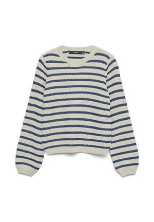 Suéter de punto con mangas largas y rayas horizontales en azul y blanco roto, con escote redondo y puños y dobladillo acanalados.