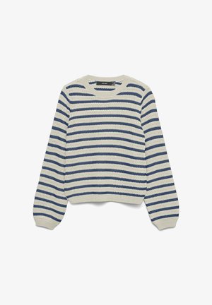 Suéter de punto con mangas largas y rayas horizontales en azul y blanco roto, con escote redondo y puños y dobladillo acanalados.