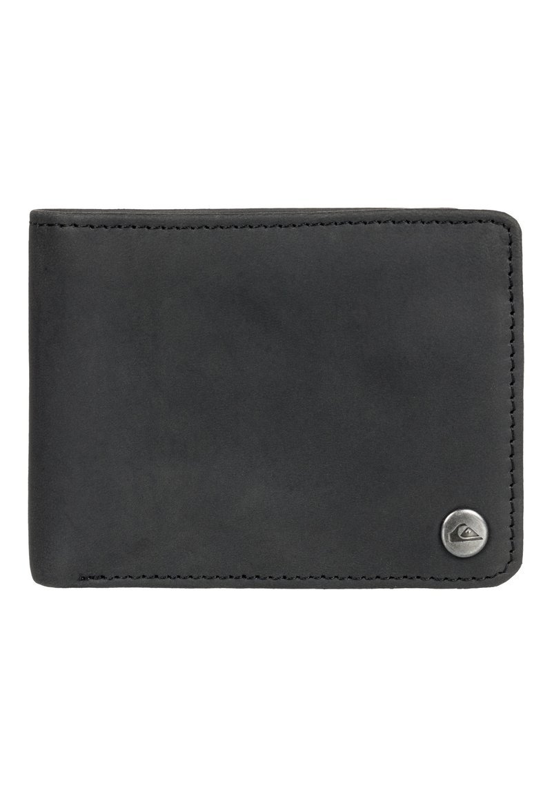 Black leather wallet with a smooth texture, stitched edges, and a round metallic logo accent on the lower right corner. Slim and rectangular design.