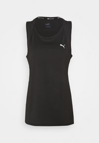 Camiseta de tirantes negra sin mangas hecha de un tejido transpirable, con un cuello redondo, acentos de malla y un logo blanco de Puma en el pecho.