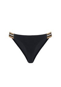 Czarne majtki bikini o gładkiej teksturze, z konstrukcją w średnim wzroście i elastycznym paskiem w złote paski. Minimalistyczny styl i bezszwowe krawędzie.