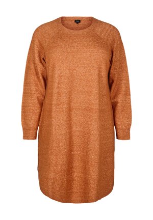 Brun som orange klänning i stickad texturväv, med rund halsringning, långa ärmar och sidoflikar för ökad rörelsefrihet.