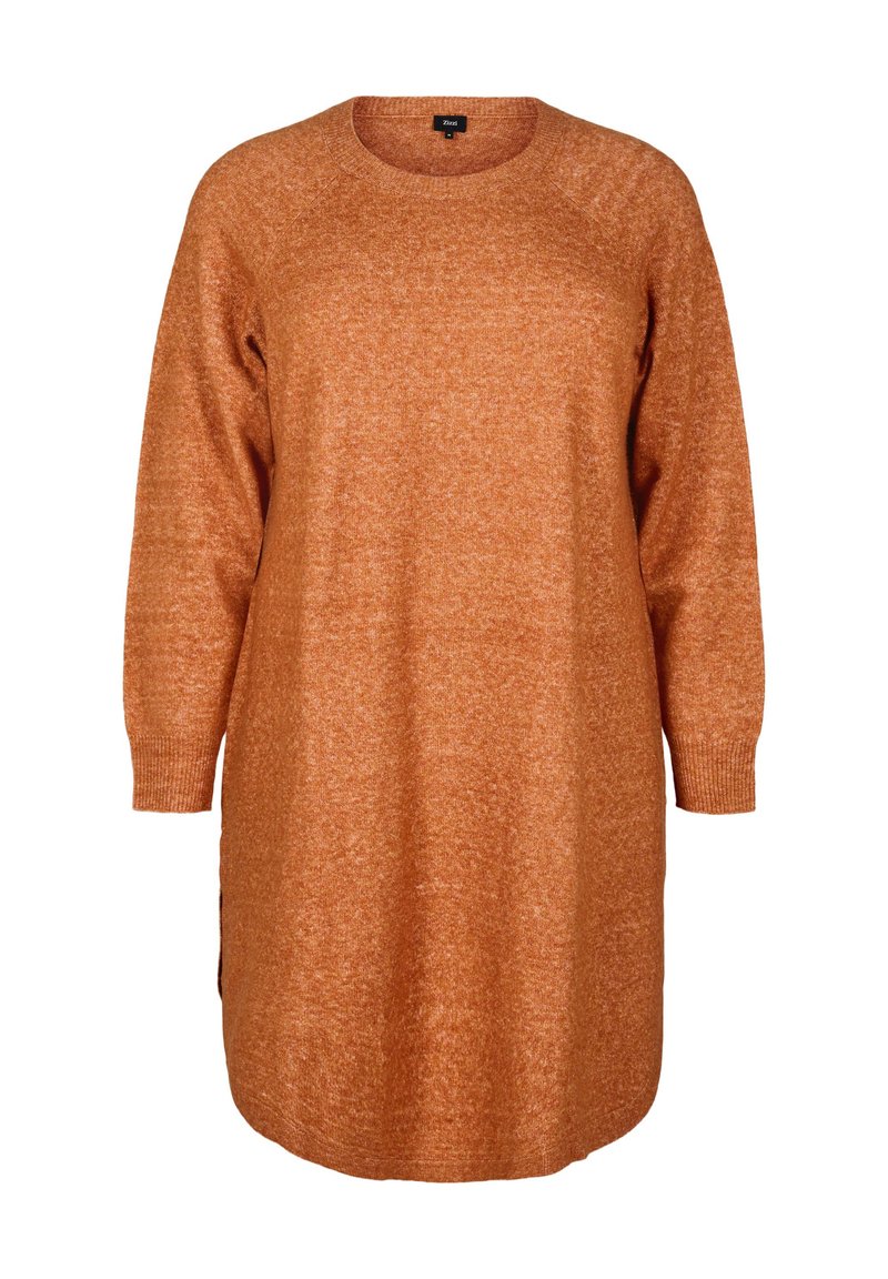 Brun som orange klänning i stickad texturväv, med rund halsringning, långa ärmar och sidoflikar för ökad rörelsefrihet.