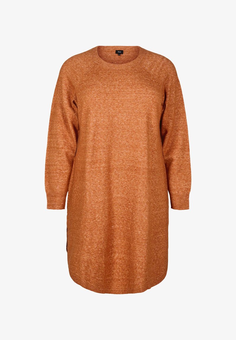 Vestido de suéter color naranja quemado, hecho de tejido de punto texturizado, con escote redondo, mangas largas y aberturas en los laterales para facilitar el movimiento.