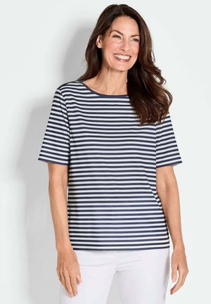 T-shirt à manches courtes rayé bleu marine et blanc avec un col rond, fabriqué en coton doux, offrant une coupe décontractée.