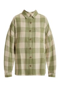 Chemise à carreaux verts et beiges boutonnée, à manches longues, avec col et poche poitrine côté gauche.