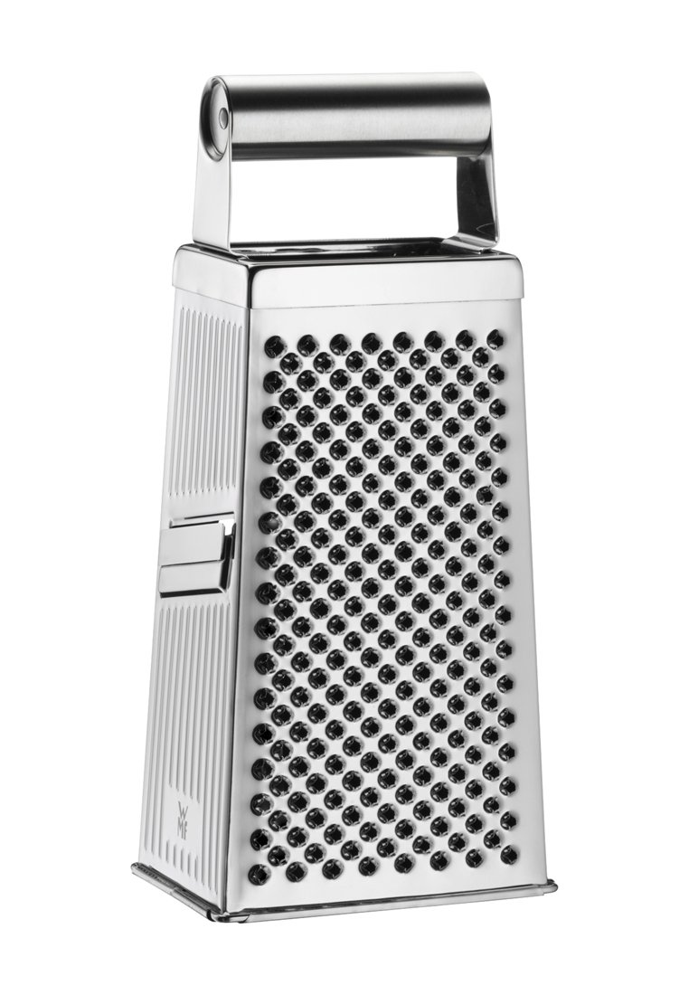 Râpe en acier inoxydable avec quatre côtés, chacun doté de trous de râpage de différentes tailles, un manche plat en haut et une base texturée.