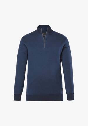 Dunkelblauer Zip-Kragen-Pullover, gestrickte Textur, lange Ärmel, gerippter Kragen und Bündchen, mit einem dezenten Markenlabel an der Seite.