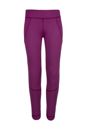 Purple high-waist athletic leggings with visible stitching and mesh panels below the knees on a white background.