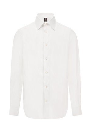 Camisa blanca de manga larga con botones hecha de algodón. Presenta un cuello puntiagudo, una tapeta frontal con seis botones y puños abotonados.
