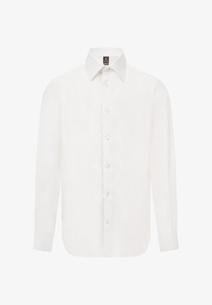 Weißes Langarm-Hemd mit Knopfleiste aus Baumwolle. Verfügt über einen spitzen Kragen, eine Vorderseite mit sechs Knöpfen und geknöpfte Bündchen.