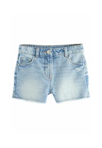 Pantalones cortos de mezclilla azul claro con un lavado desgastado, dobladillo deshilachado, cinco bolsillos y cierre frontal de botón metálico. Incluye trabillas para cinturón.