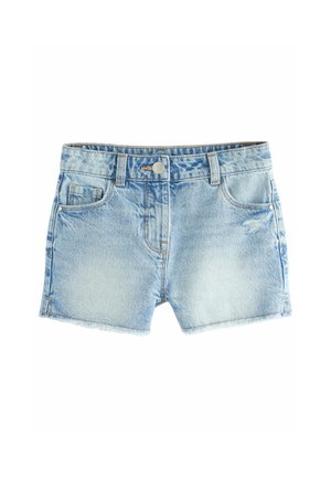 Helle blaue Jeansshorts mit einer verwehten Waschung, fransigem Saum, fünf Taschen und einem metallischen Knopfverschluss vorne. Mit Gürtelschlaufen.