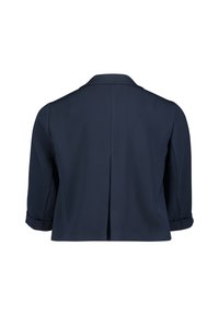 Veste courte bleu marine avec manches trois quarts, pli central dans le dos et large col.