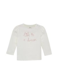 Weißes Langarm-Babyshirt mit rosa besticktem Text "Leben ist ein Traum" und zwei Knöpfen an der linken Schulter.