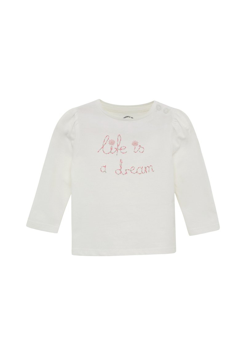 Weißes Langarm-Babyshirt mit rosa besticktem Text "Leben ist ein Traum" und zwei Knöpfen an der linken Schulter.