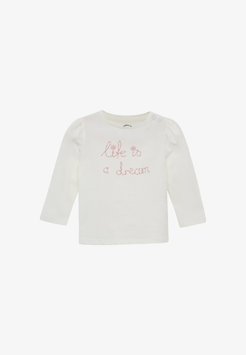Biała koszulka niemowlęca z długim rękawem z różowym haftowanym napisem "życie to sen" oraz dwoma guzikami na lewym ramieniu.