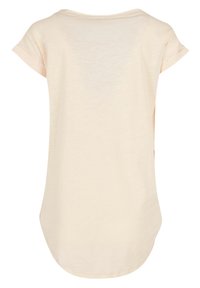 Light beige t-shirt with a loose fit, rounded hem, and short rolled sleeves. Made from soft, lightweight fabric with a smooth texture.