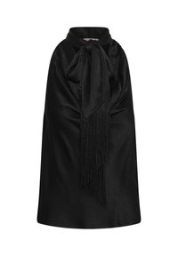 Robe noire sans manches avec un grand nœud noué et un long détail à franges au niveau de l'encolure, en tissu texturé.