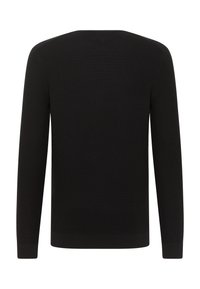Schwarzer Pullover mit langen Ärmeln, strukturiertem Rippdesign, Rundhalsausschnitt und abgeschlossenen Bündchen. Mit einem geraden Saum für eine einfache Silhouette gestaltet.