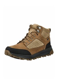 Botas de senderismo marrones con una combinación de ante y materiales sintéticos. Presenta una suela de goma negra, herrajes metálicos para los cordones y paneles laterales texturizados.